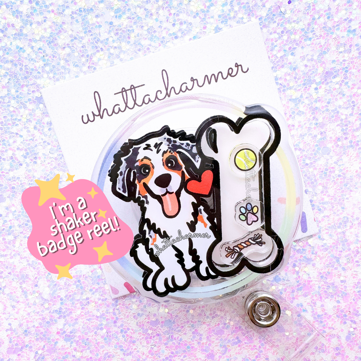 Blue Merle Australian Shepherd (Aussie) Shaker Badge Reel