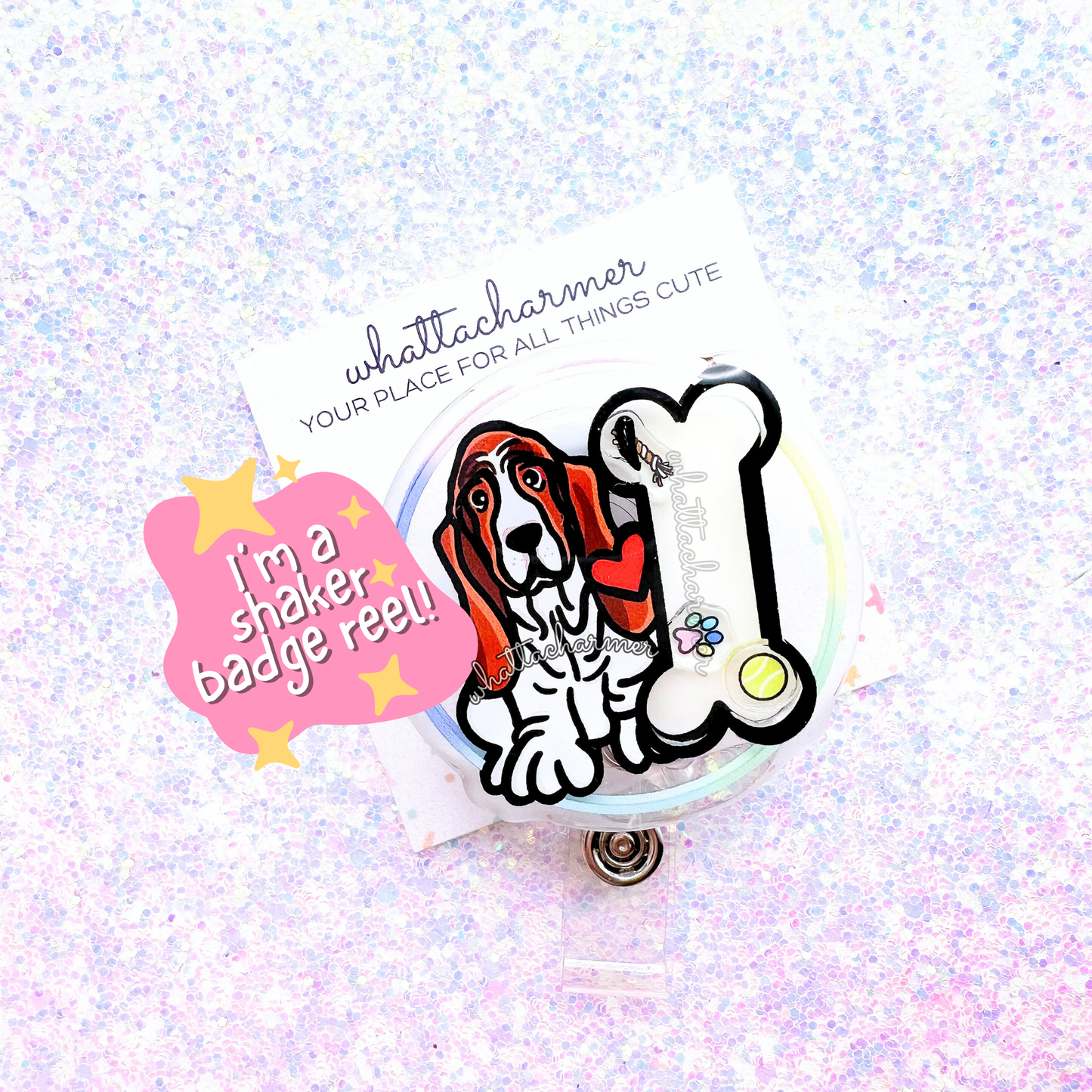 Red Basset Hound Shaker Badge Reel