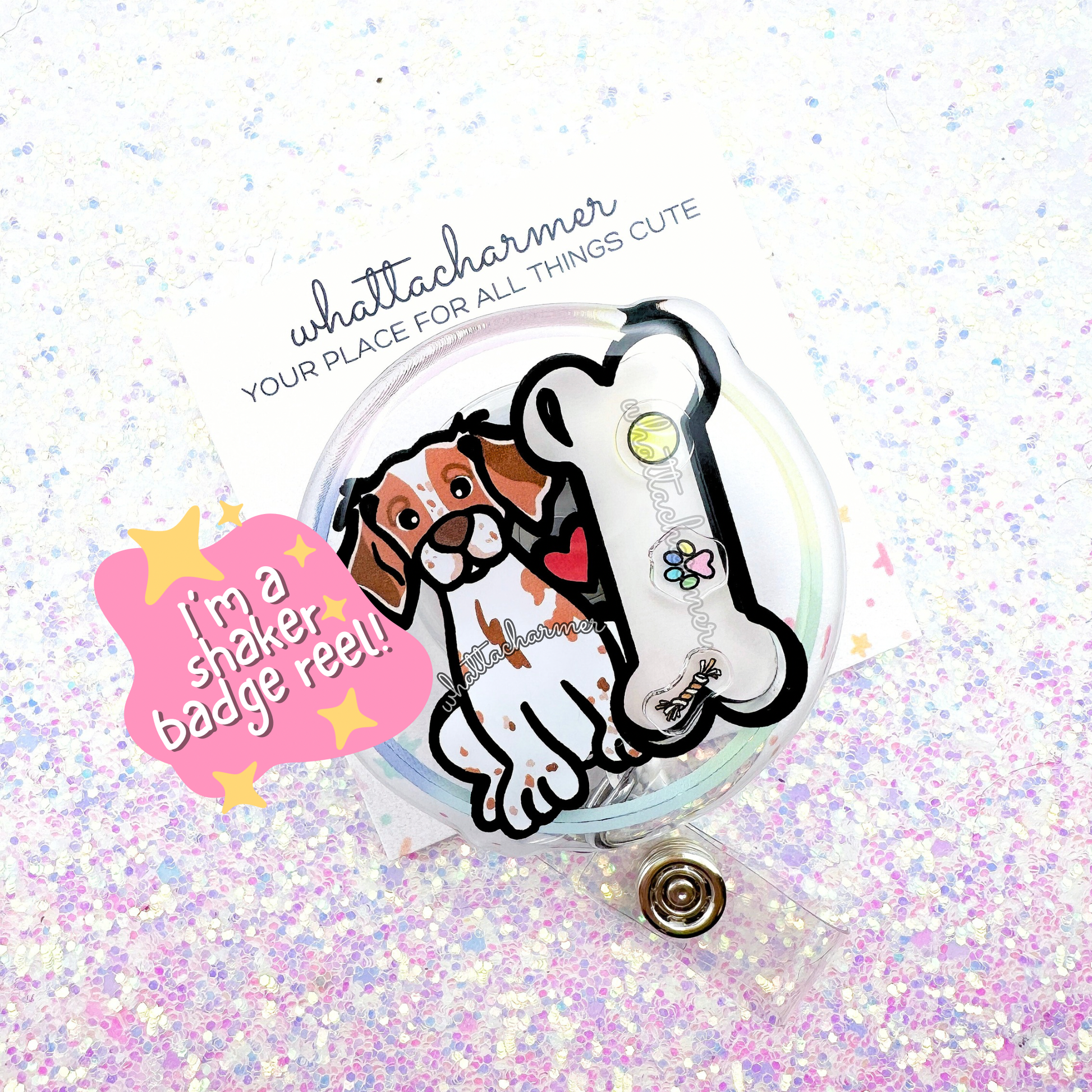Orange and White Brittany Spaniel Shaker Badge Reel