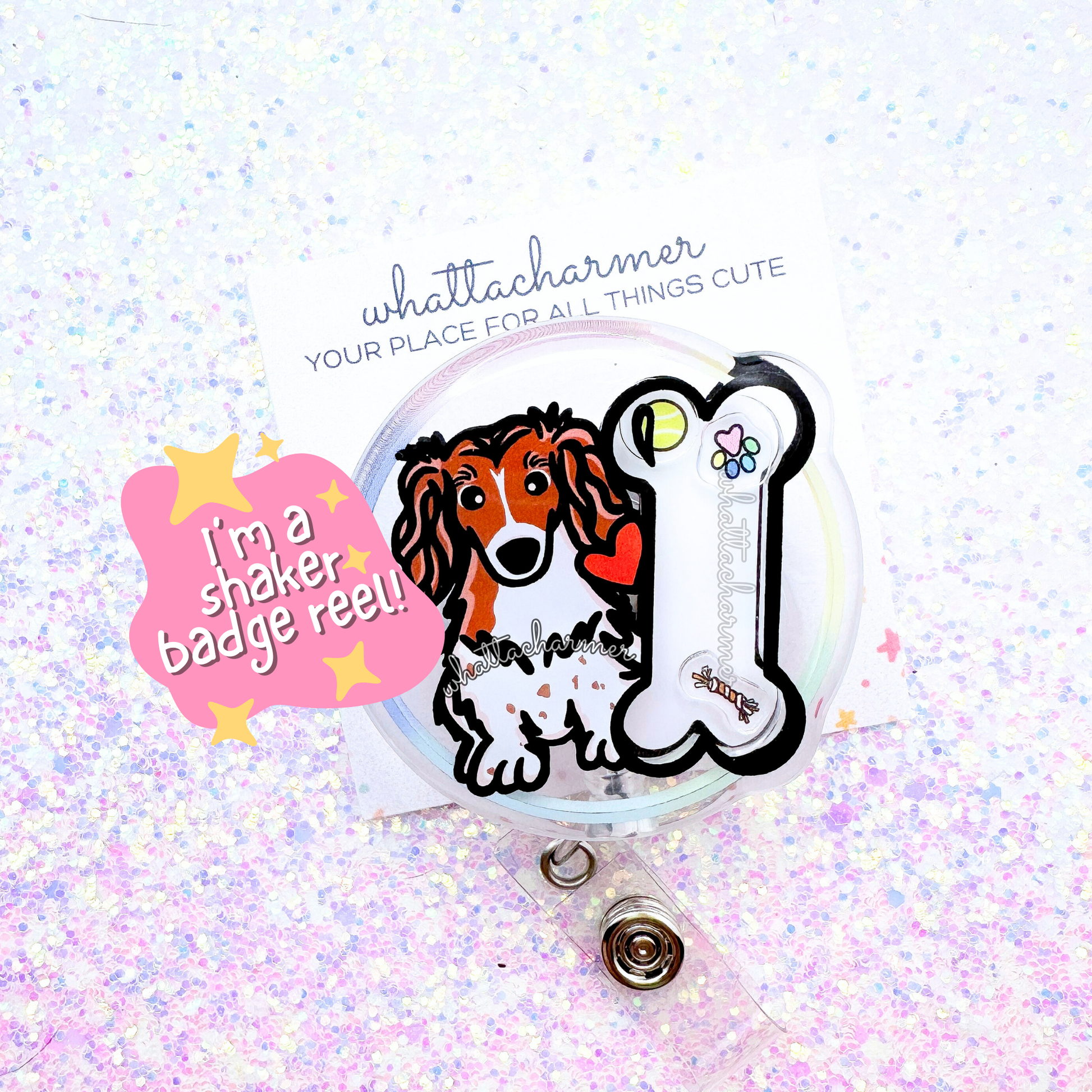 Longhaired Red Piebald Dachshund Shaker Badge Reel