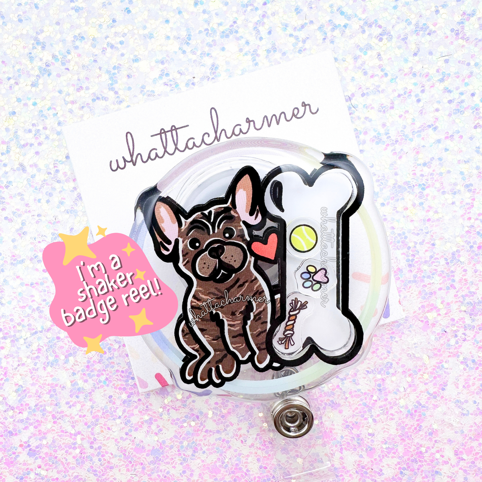 Brindle French Bulldog Shaker Badge Reel