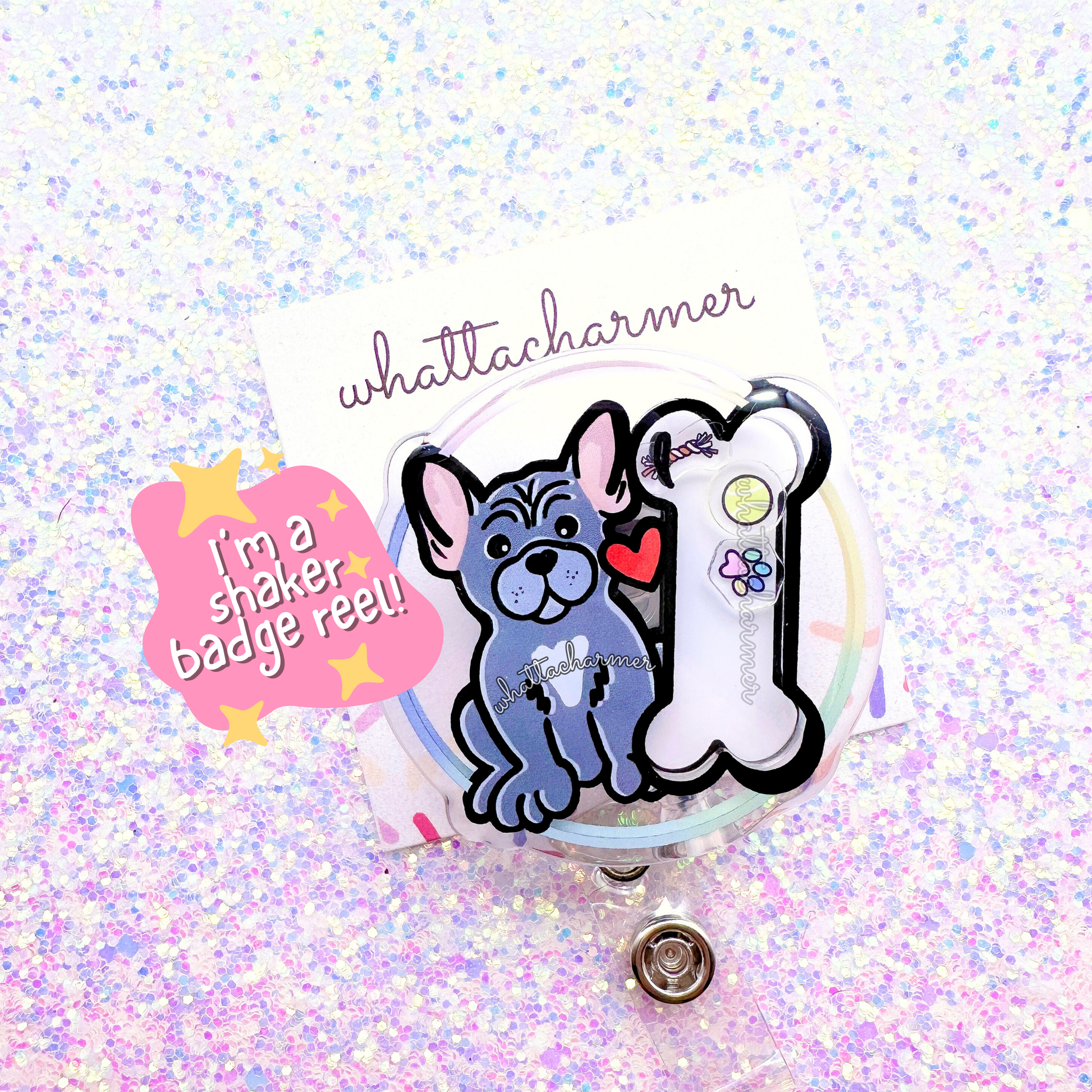Lilac French Bulldog Shaker Badge Reel