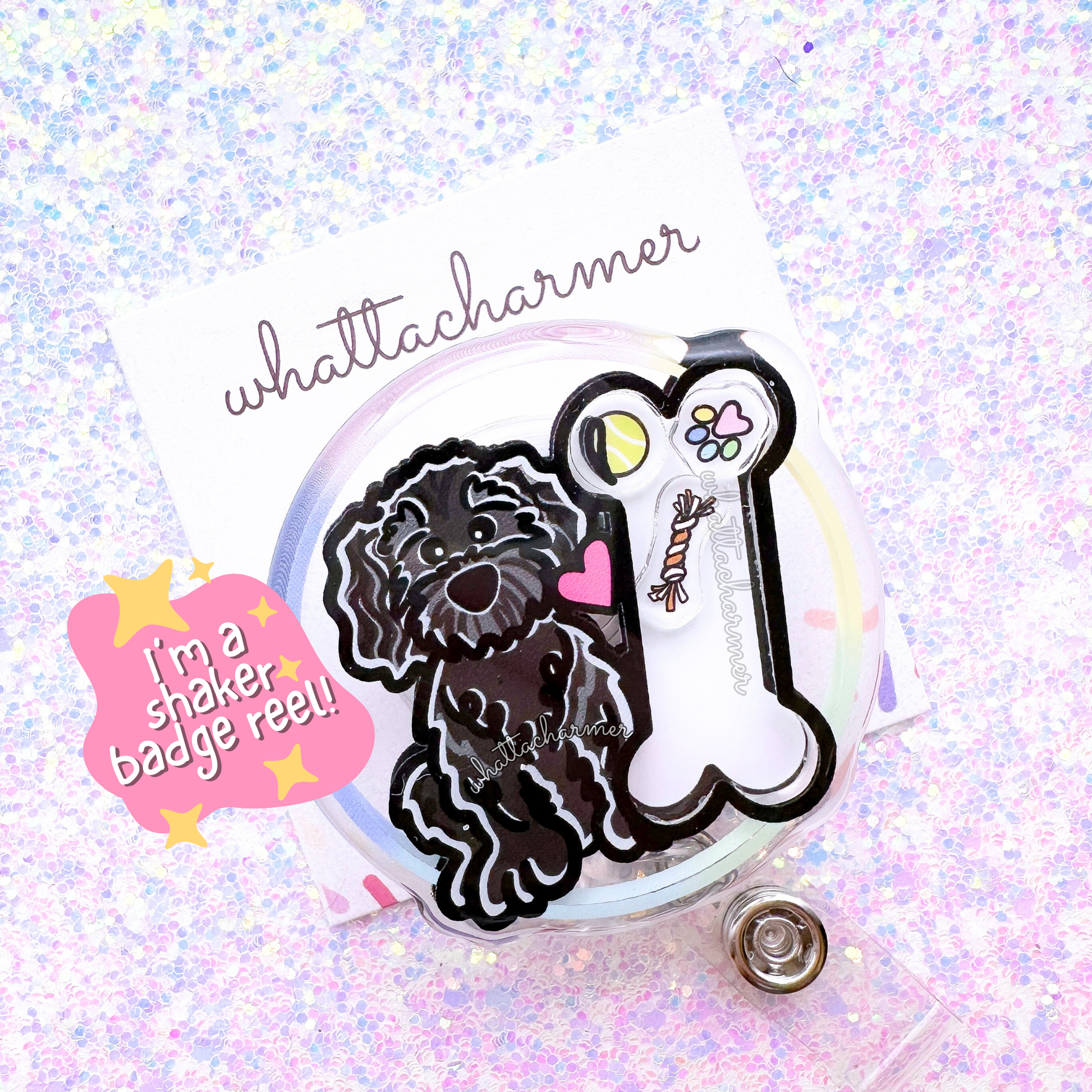 Black Goldendoodle Shaker Badge Reel