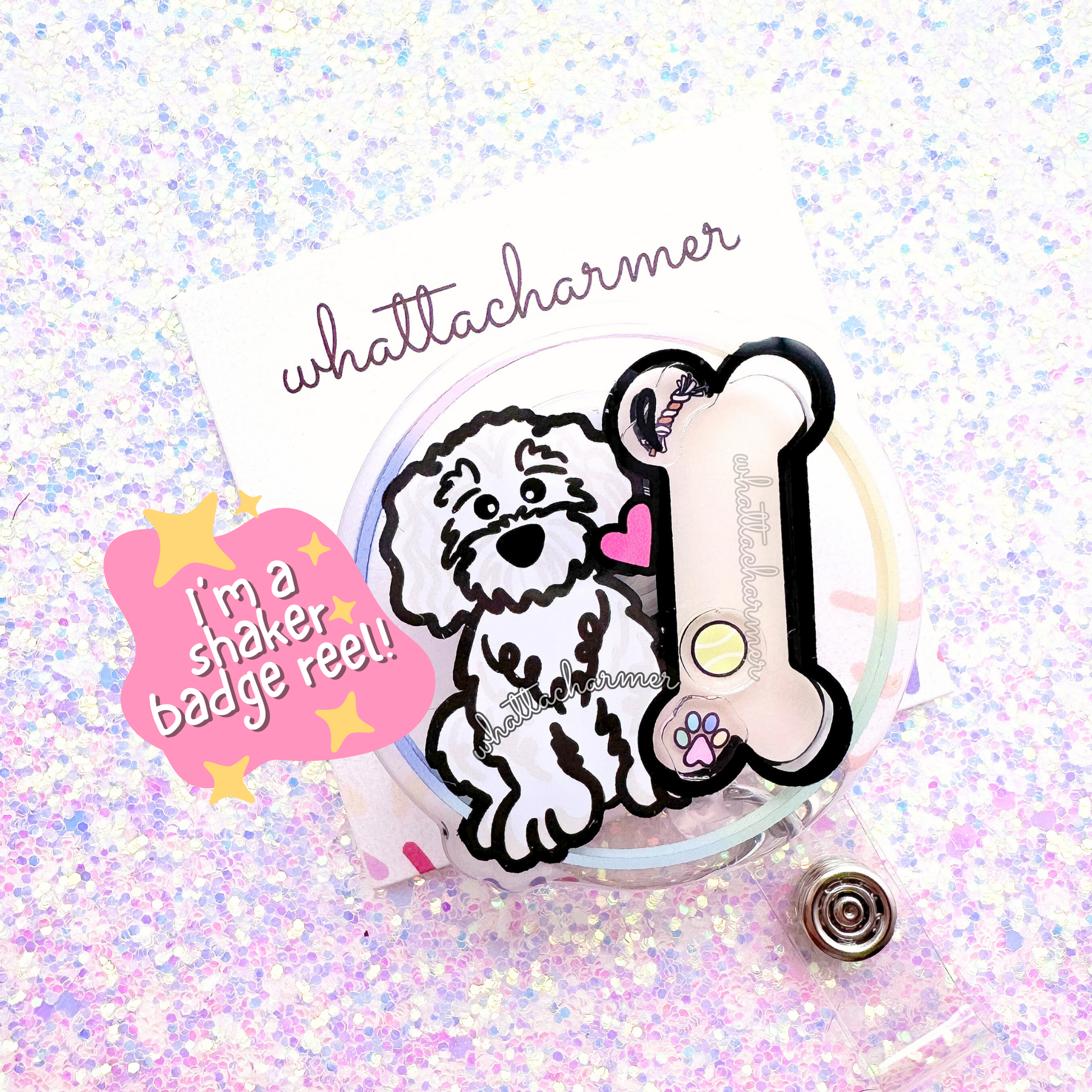 White Goldendoodle Shaker Badge Reel