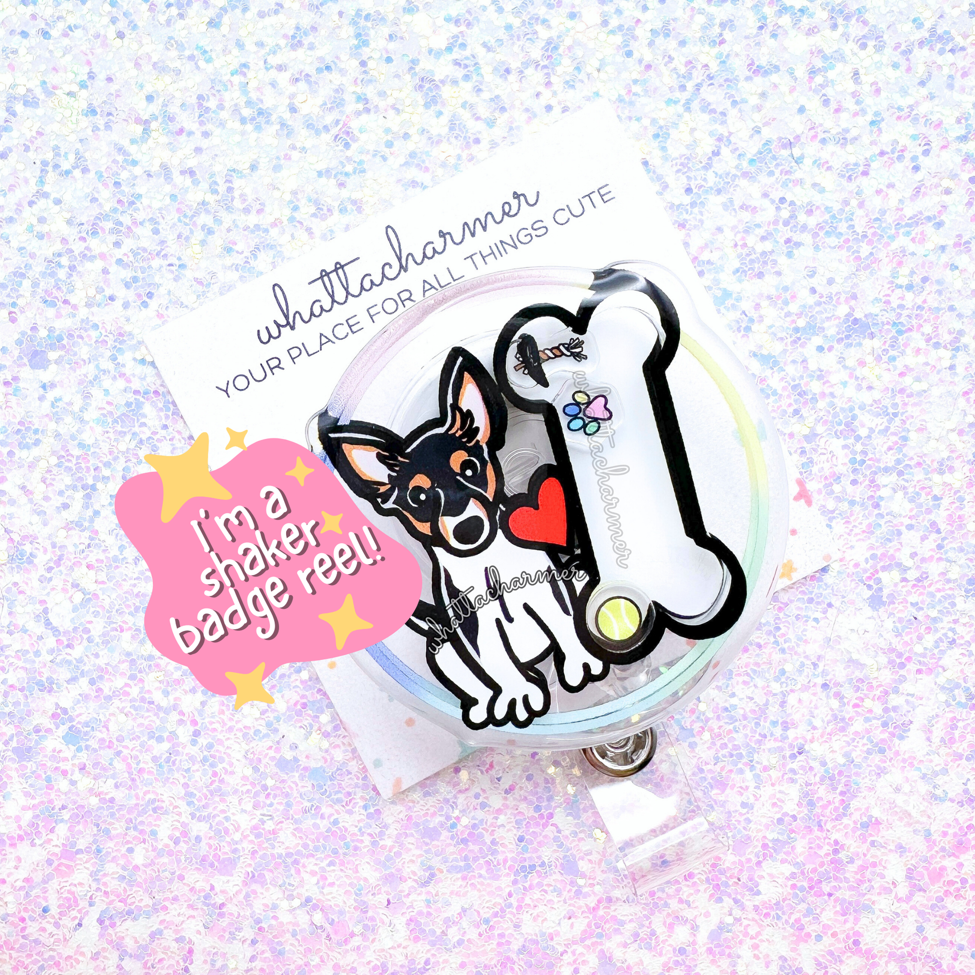 Black Tri Rat Terrier Shaker Badge Reel