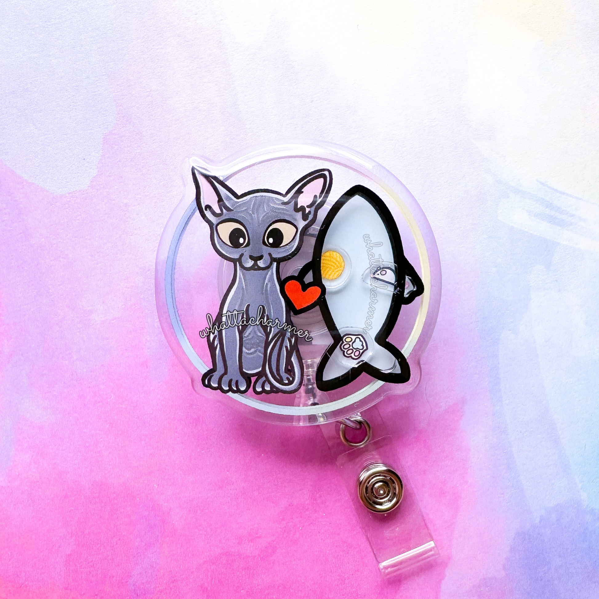 Blue Sphynx Cat Shaker Badge Reel