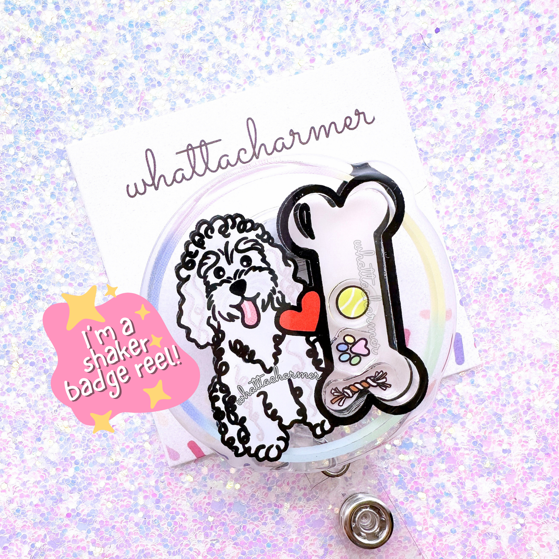 White Standard Poodle Shaker Badge Reel