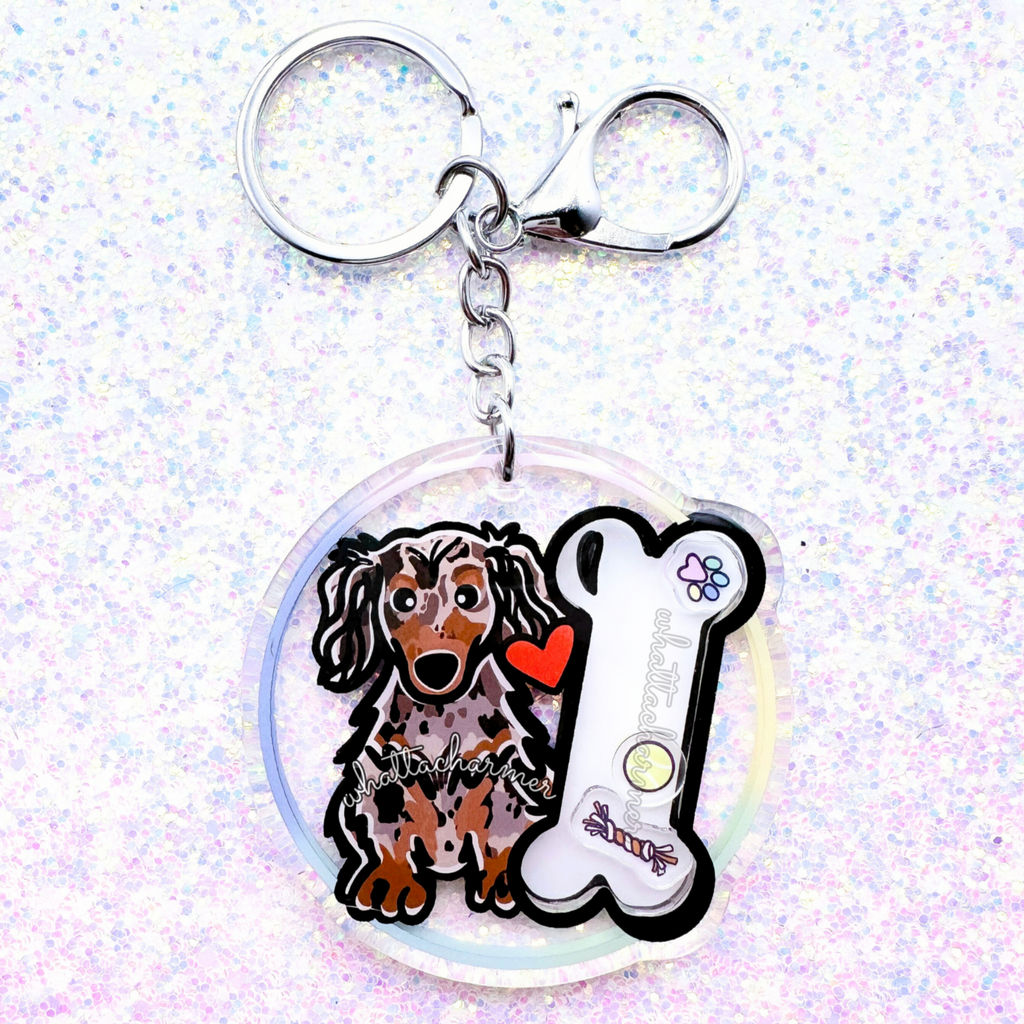 Longhaired Chocolate Dapple Dachshund Keychain