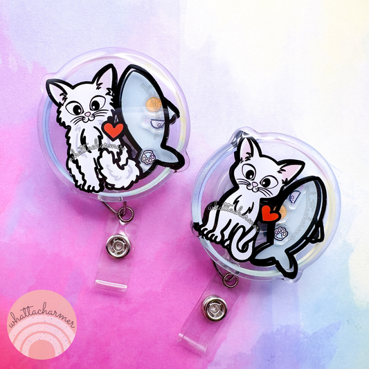 White Cat Shaker Badge Reels