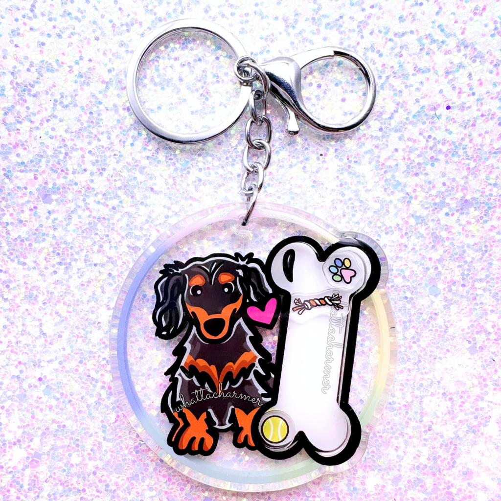 Longhaired Black and Tan Dachshund Keychain