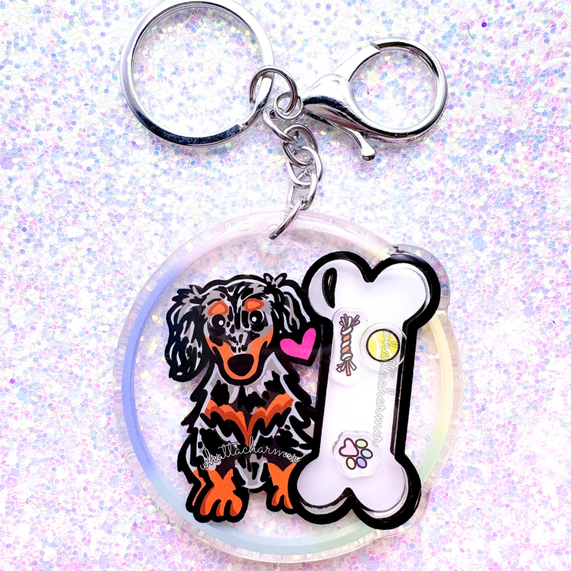 Longhaired Silver Dapple Dachshund Keychain