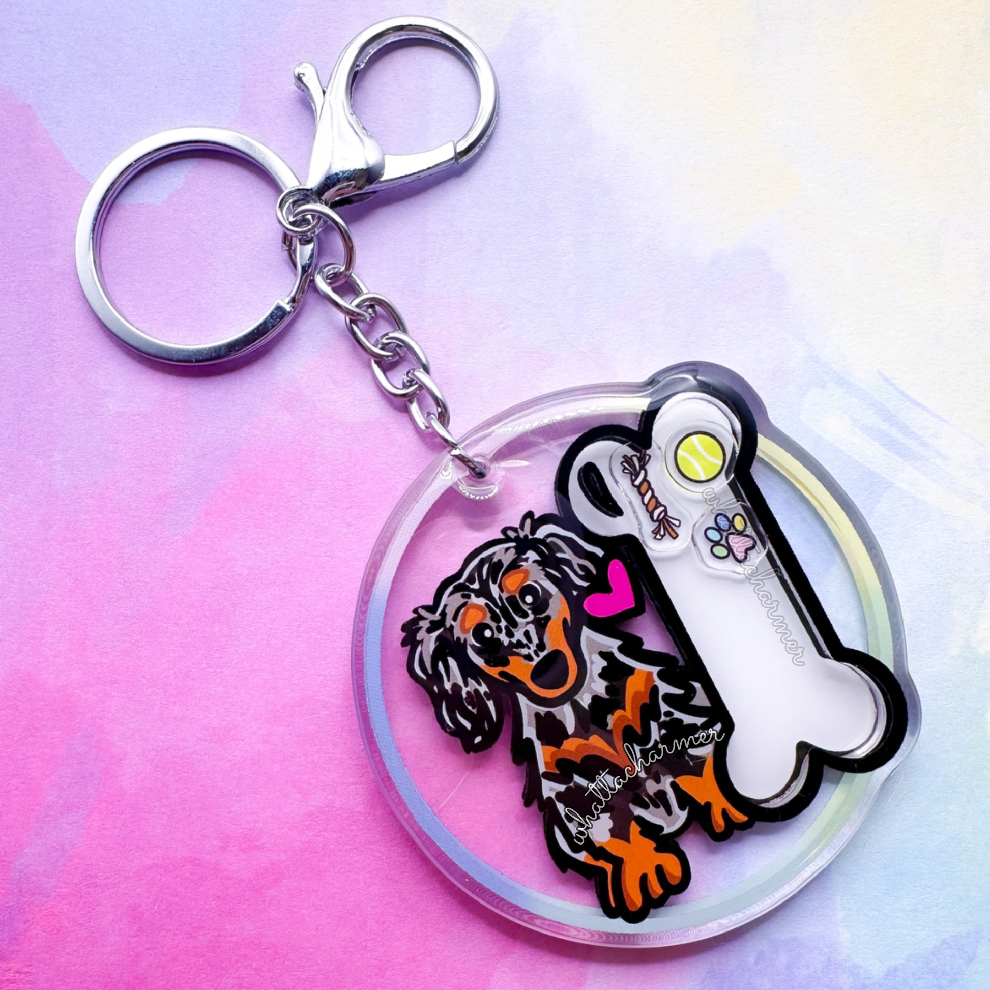 Longhaired Silver Dapple Dachshund Keychain