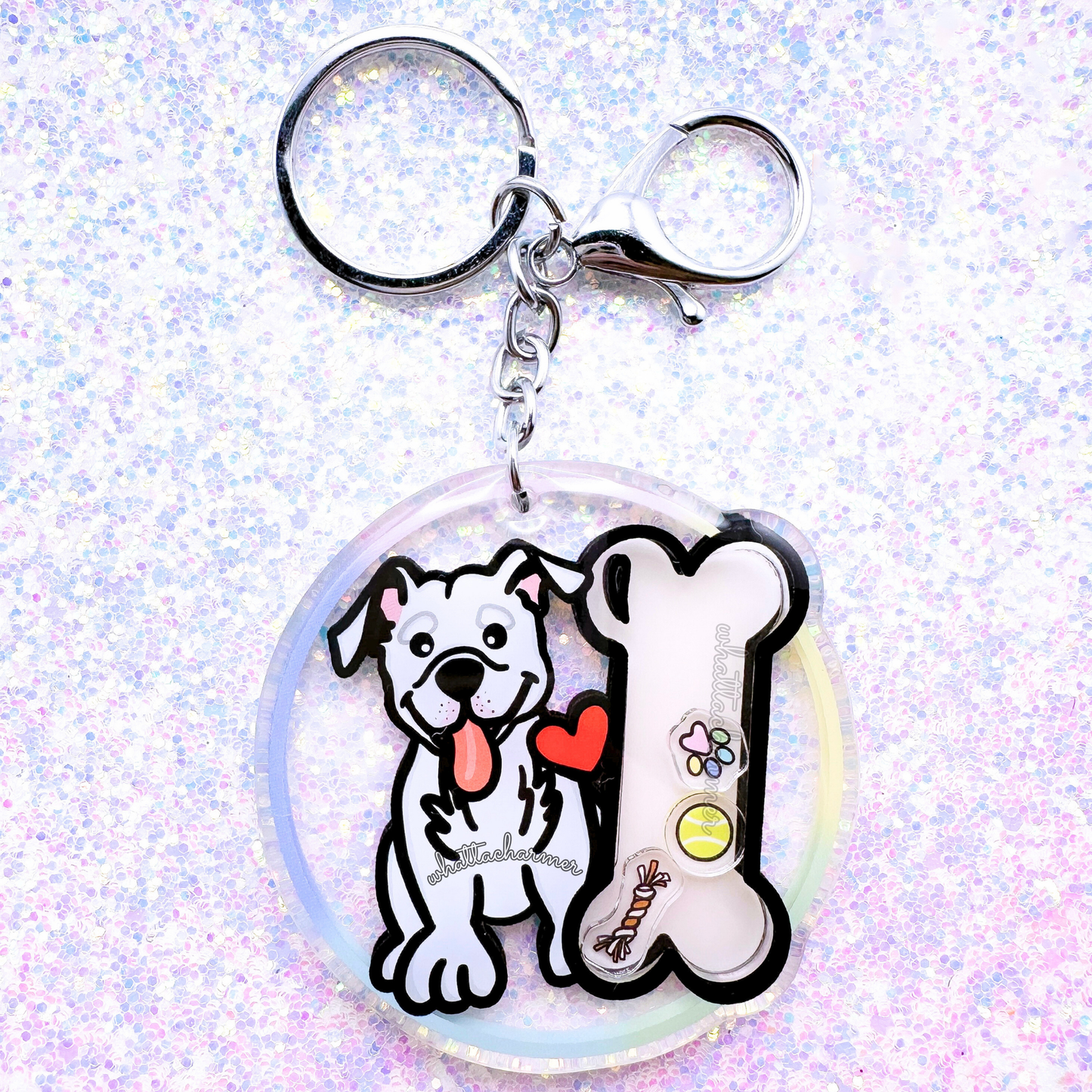 White Pitbull Dog Shaker Keychain