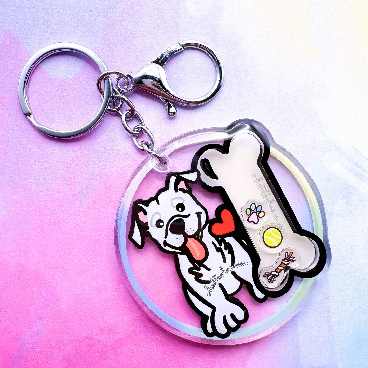 White Pitbull Dog Shaker Keychain