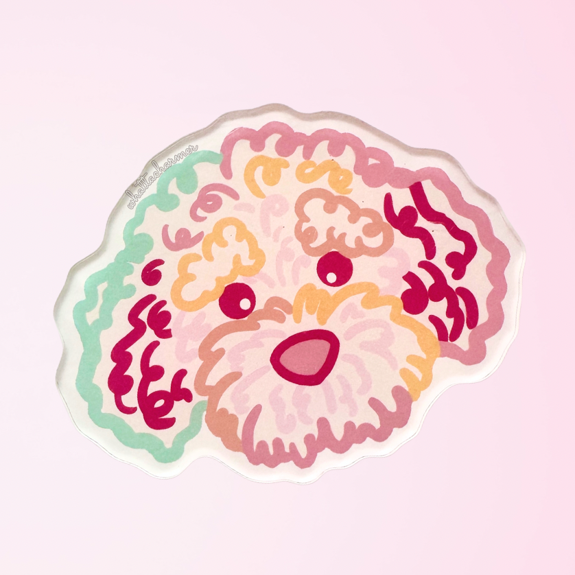 Cartoon Lagotto Romagnolo dog face with colorful outlines on a pink background