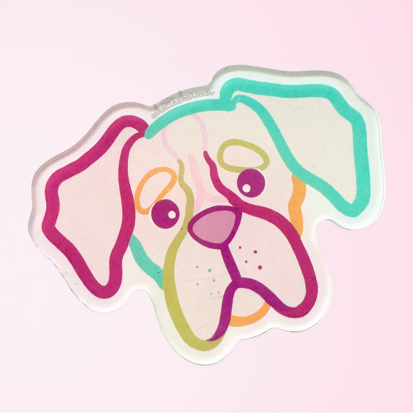 Cartoon boxer dog face with colorful outlines on a pink background