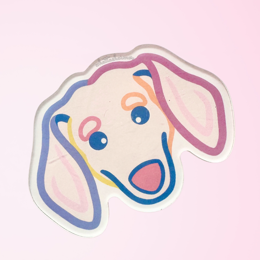 Cartoon smooth haired dachshund dog face with colorful outlines on a pink background