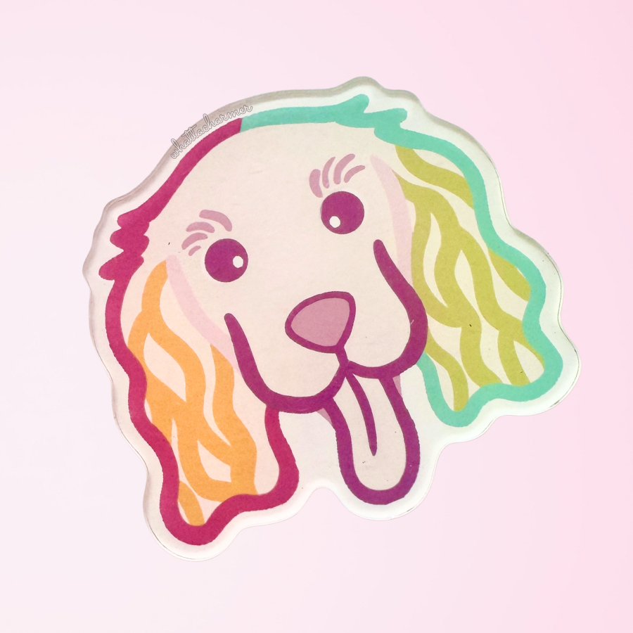 Cartoon cocker spaniel dog face with colorful outlines on a pink background