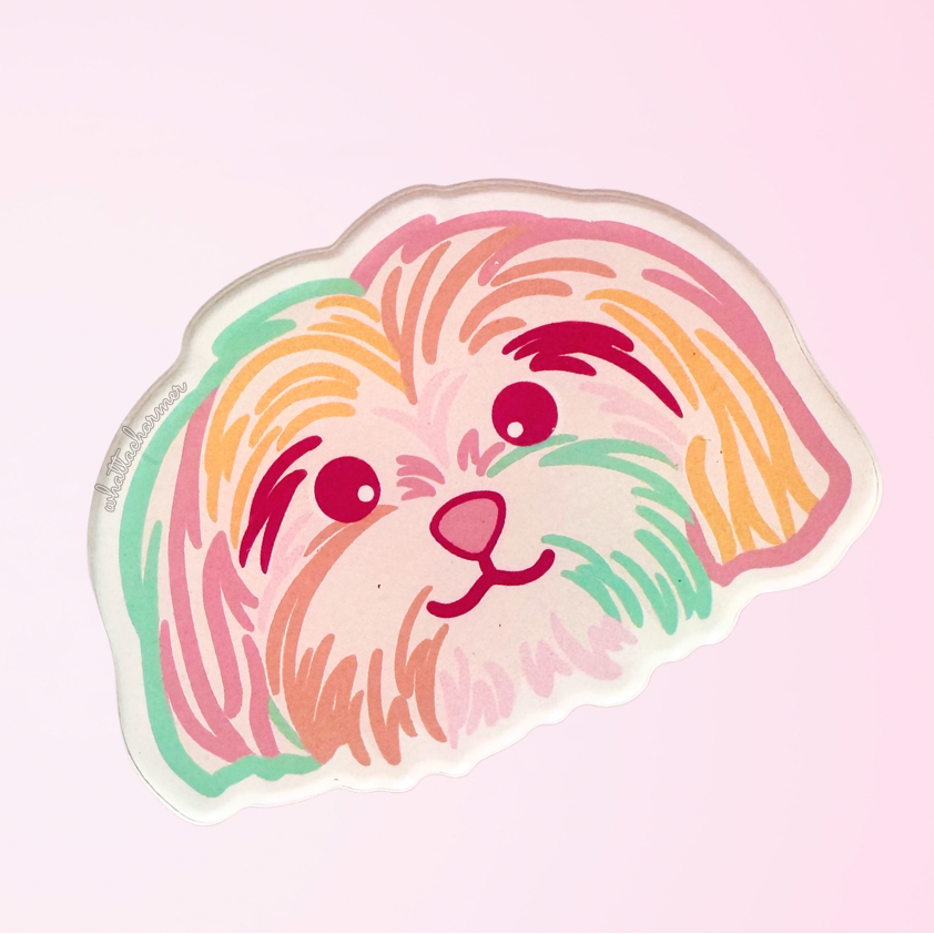Cartoon shih tzu dog face with colorful outlines on a pink background