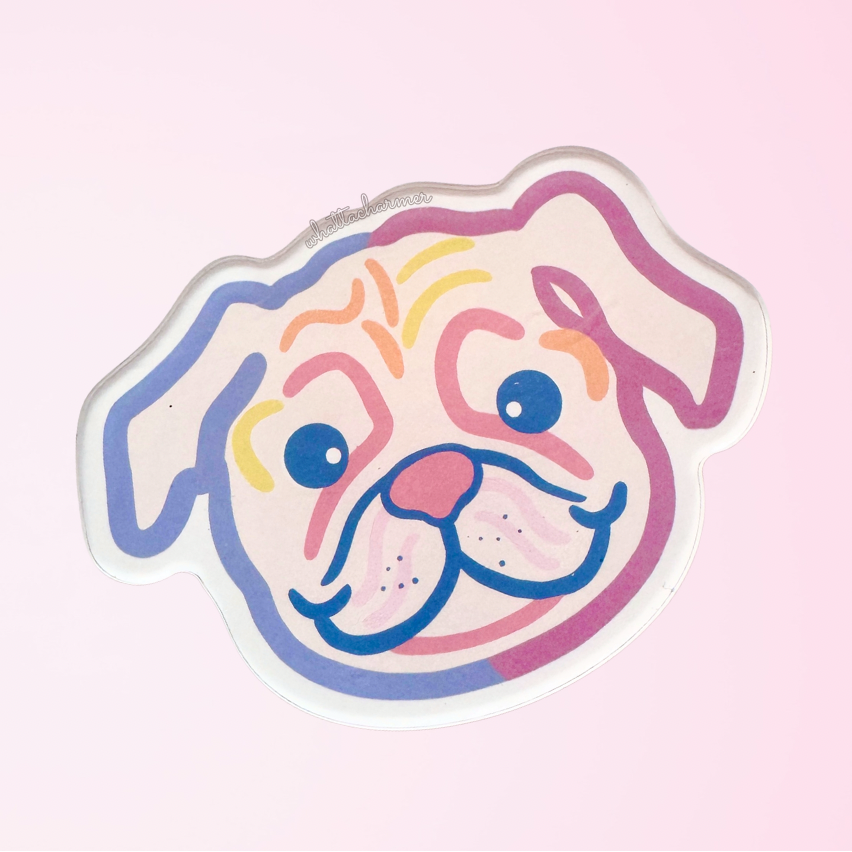 Cartoon pug dog face with colorful outlines on a pink background