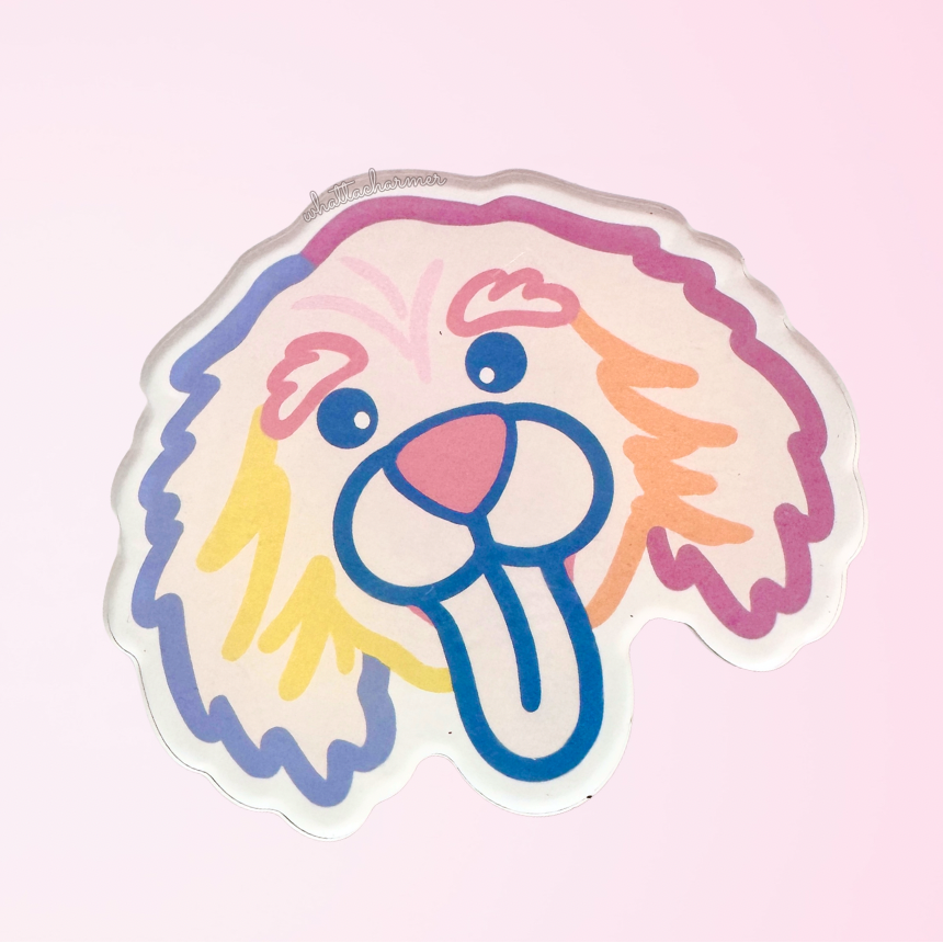 Cartoon golden retriever dog face with colorful outlines on a pink background