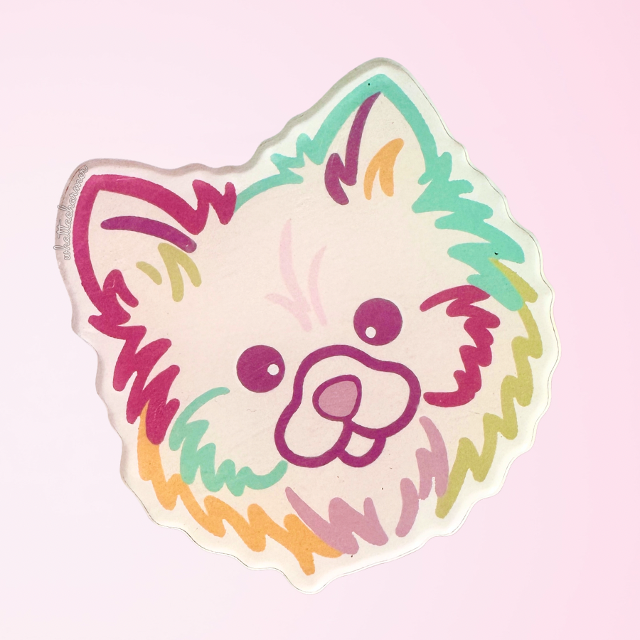 Cartoon pomeranian dog face with colorful outlines on a pink background