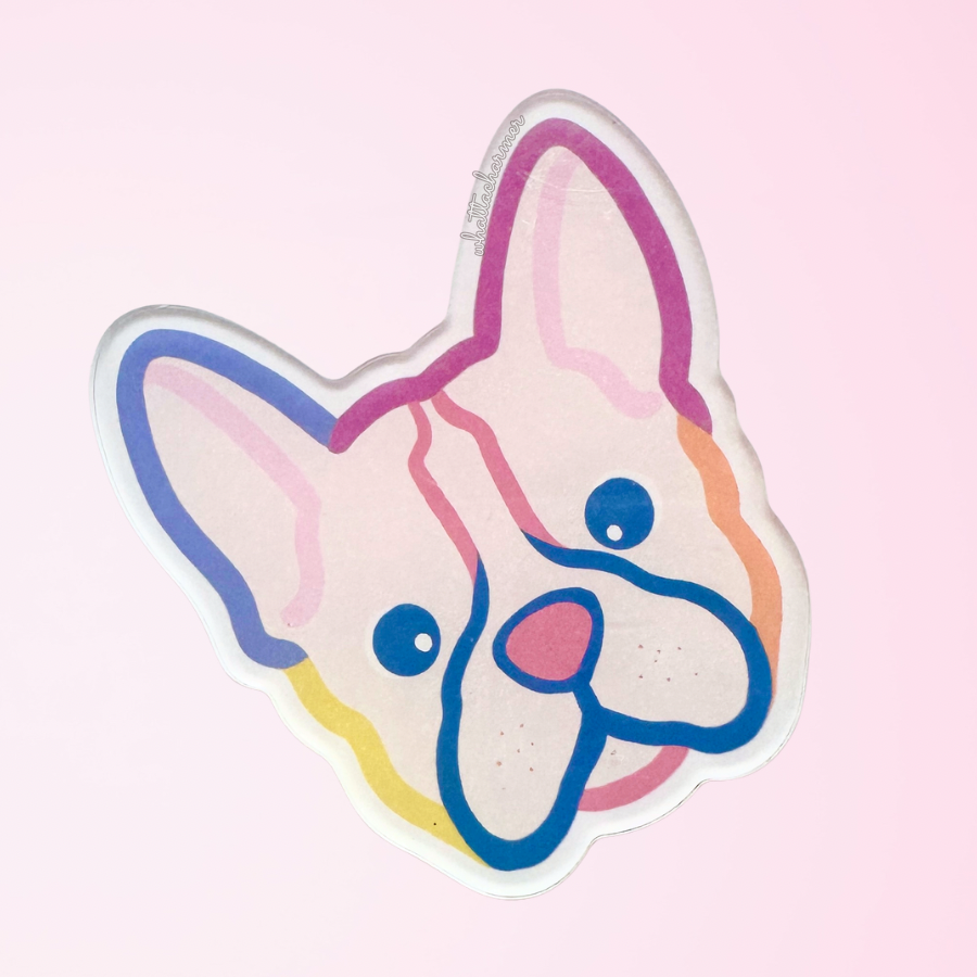 Cartoon Boston terrier dog face with colorful outlines on a pink background