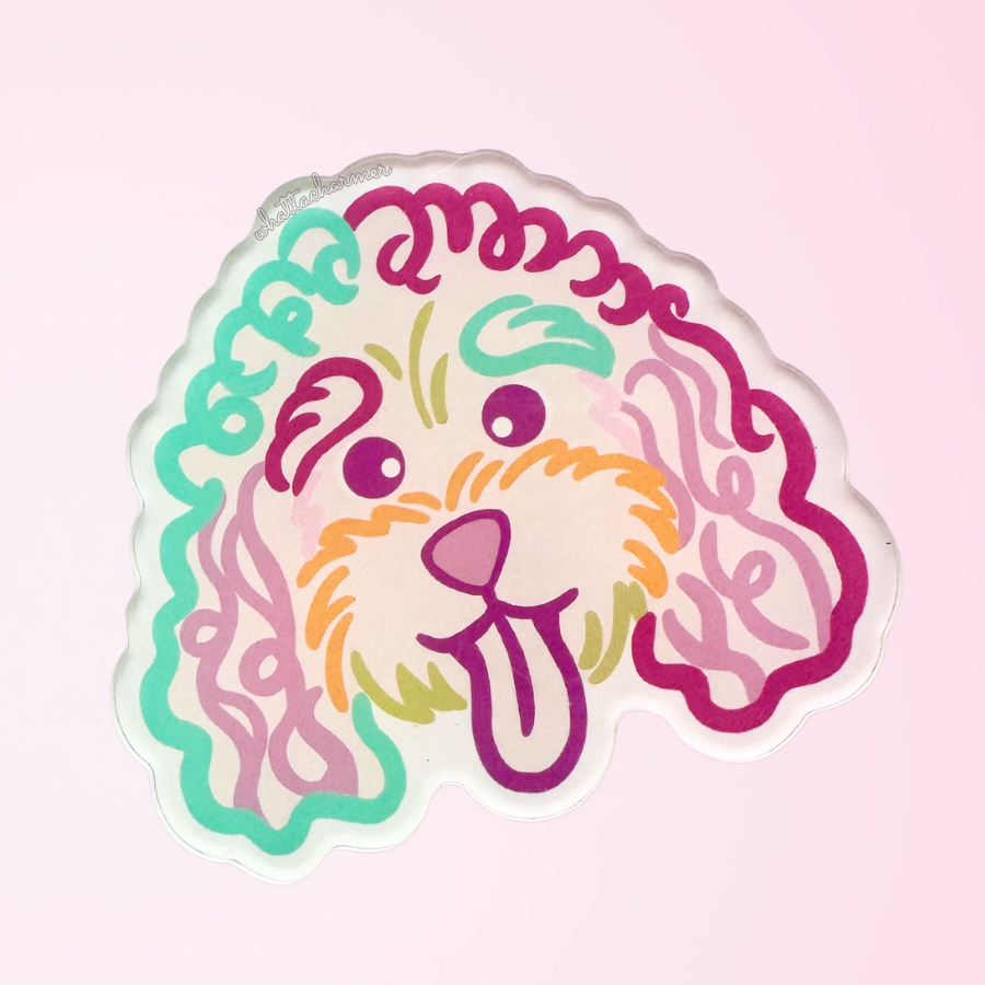 Cartoon standard poodle dog face with colorful outlines on a pink background