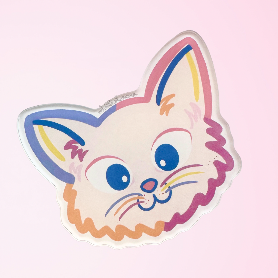 Cartoon longhaired cat face with colorful outlines on a pink background