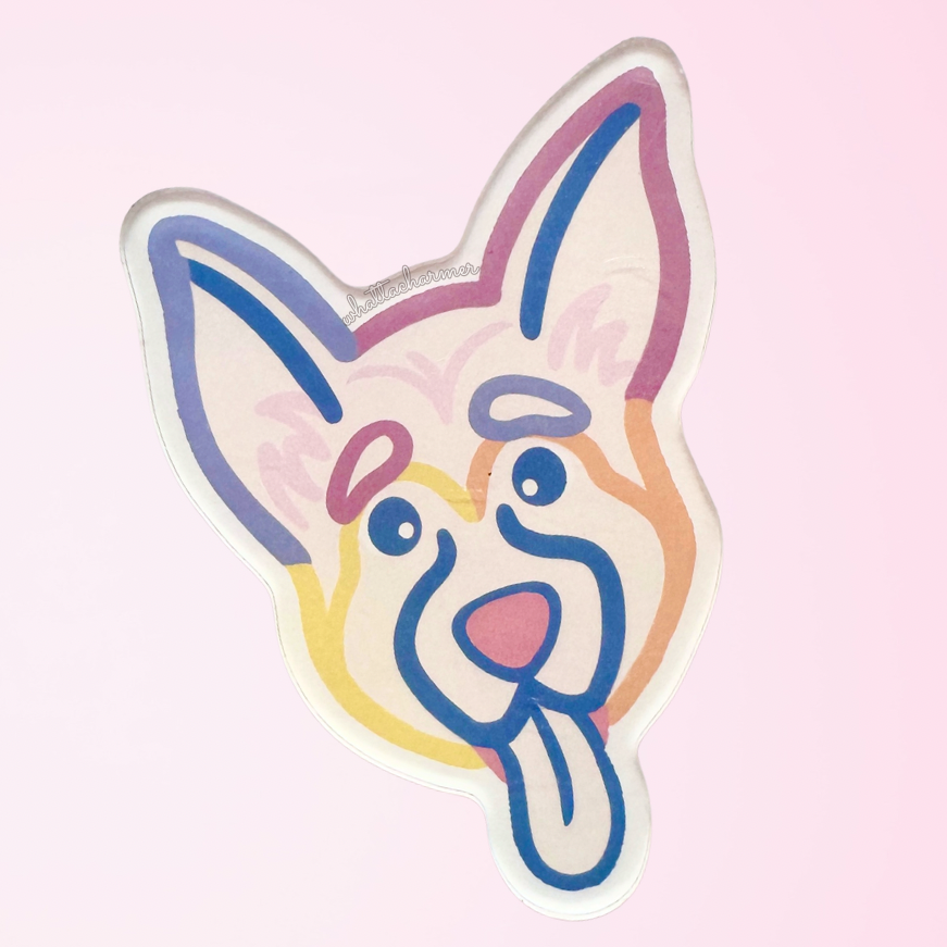 Cartoon Belgian Malinois dog face with colorful outlines on a pink background