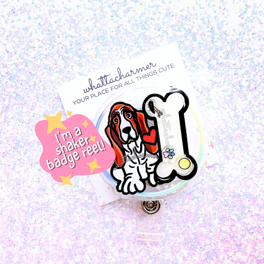 Red Basset Hound Shaker Badge Reel