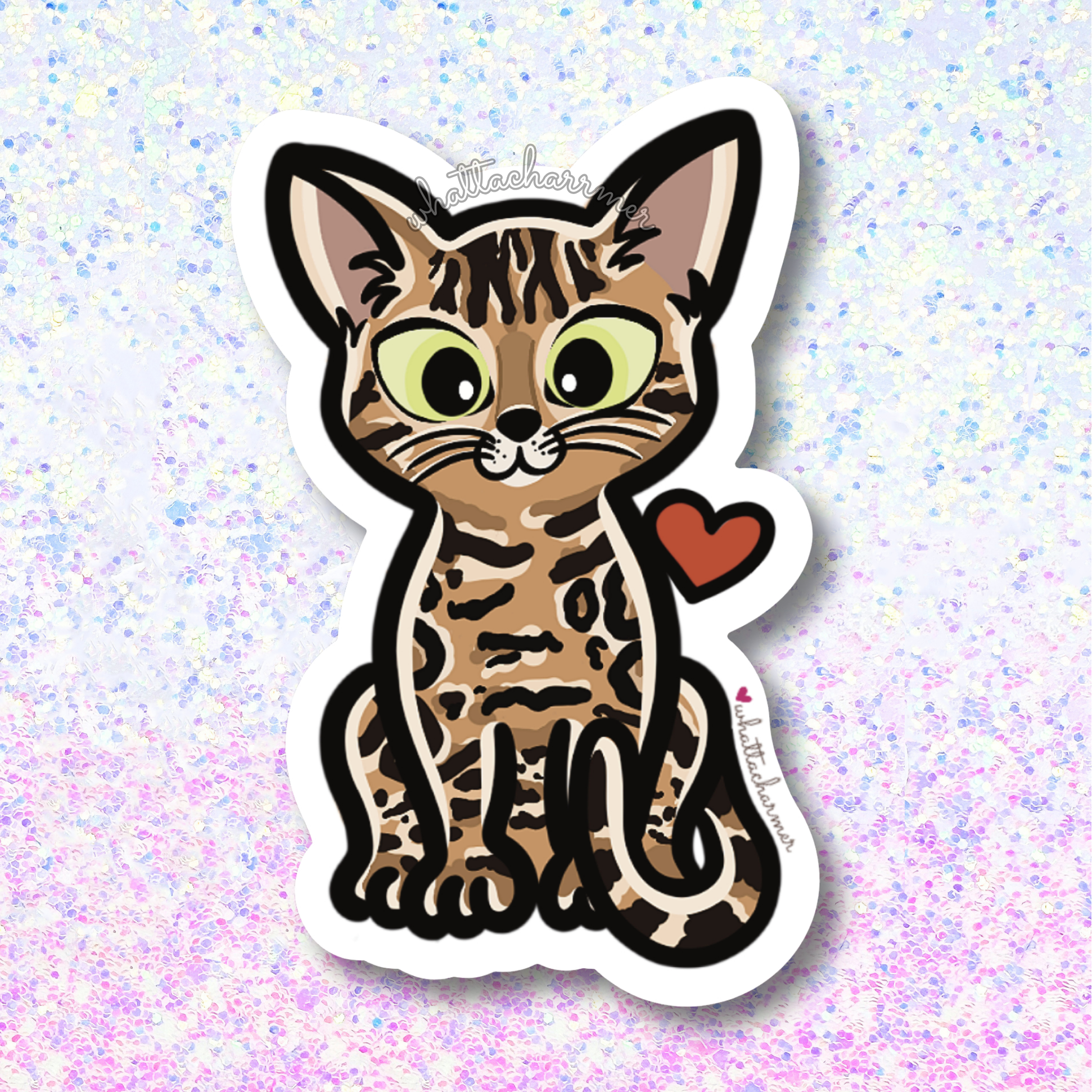 Sticker of a cartoon bengal cat with a red heart on a glittery background