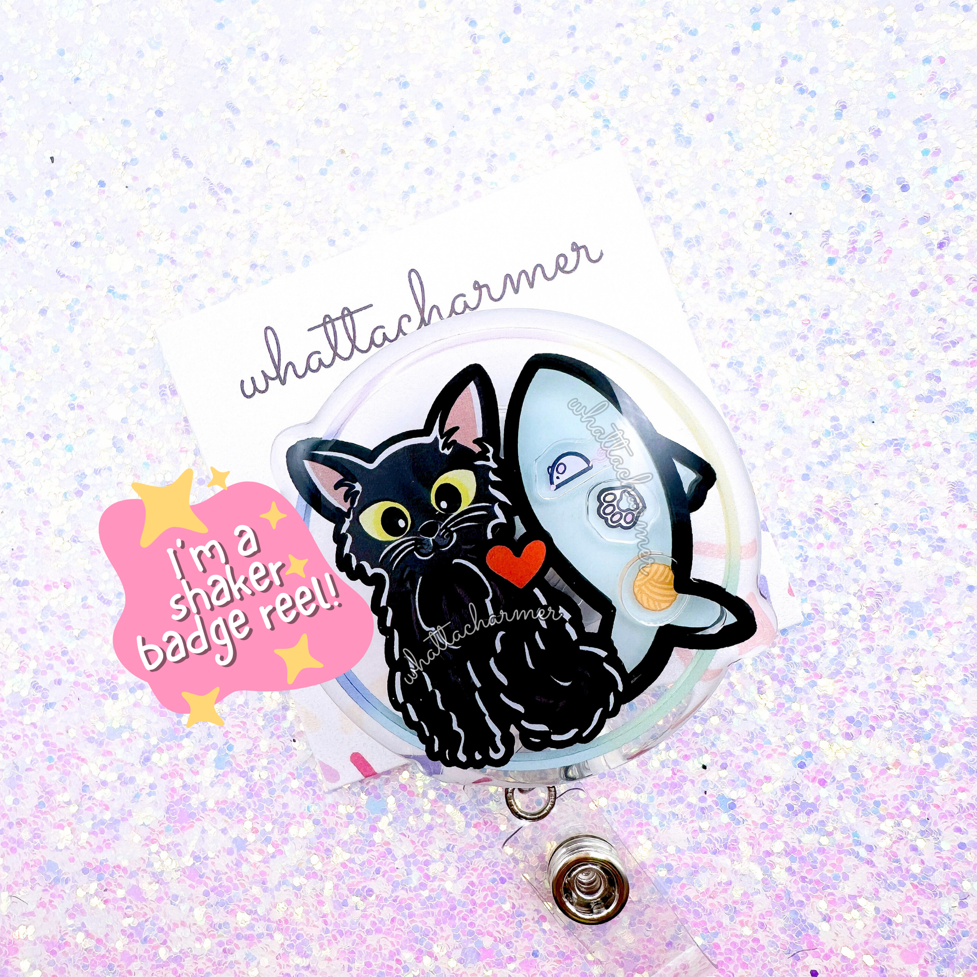 Longhaired Black Cat Shaker Badge Reel