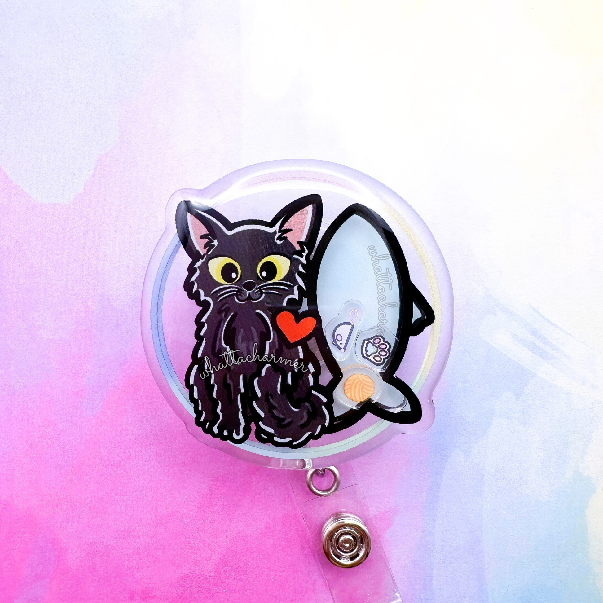 Longhaired Black Cat Shaker Badge Reel
