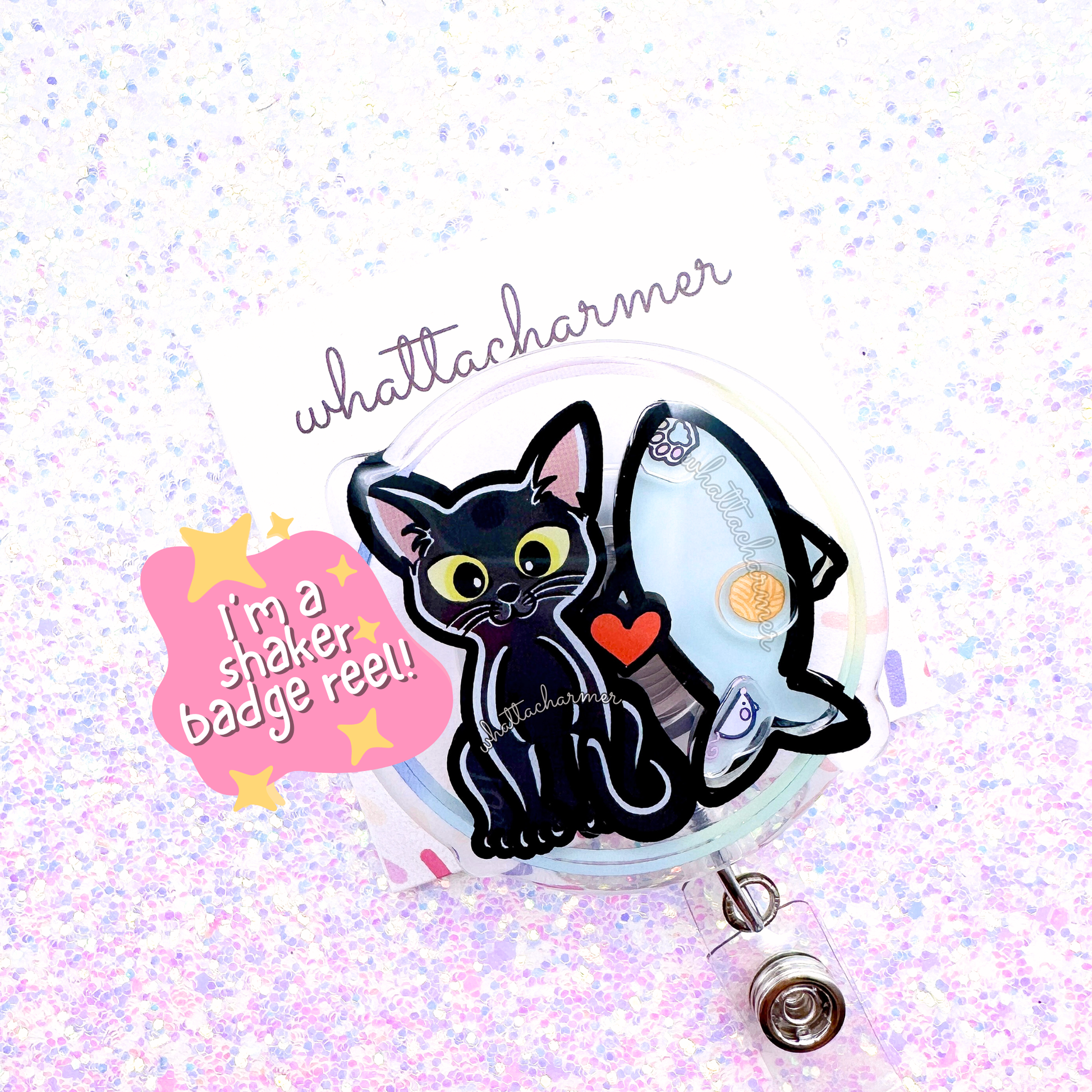 Shorthaired Black Cat Shaker Badge Reel