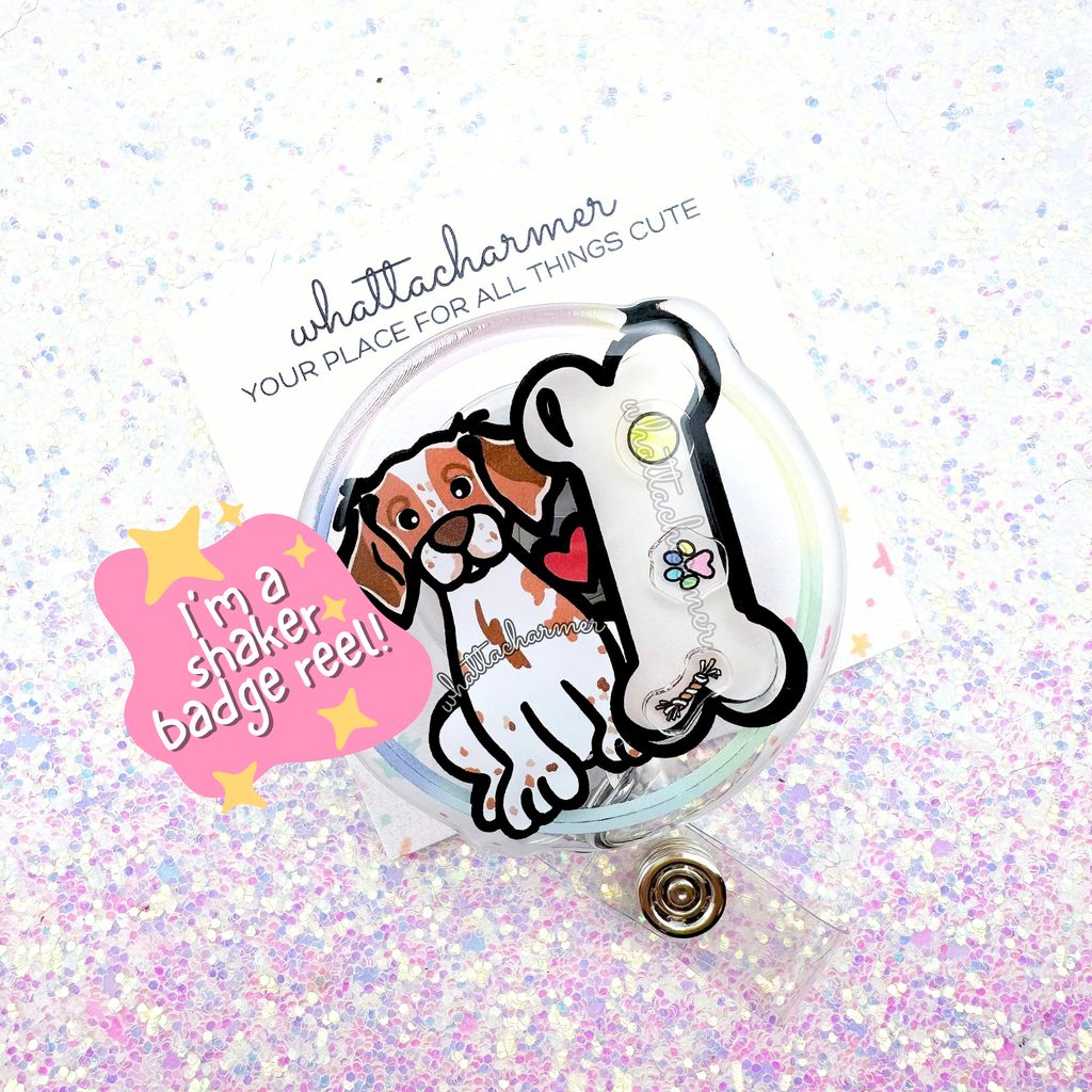 Orange and White Brittany Spaniel Shaker Badge Reel