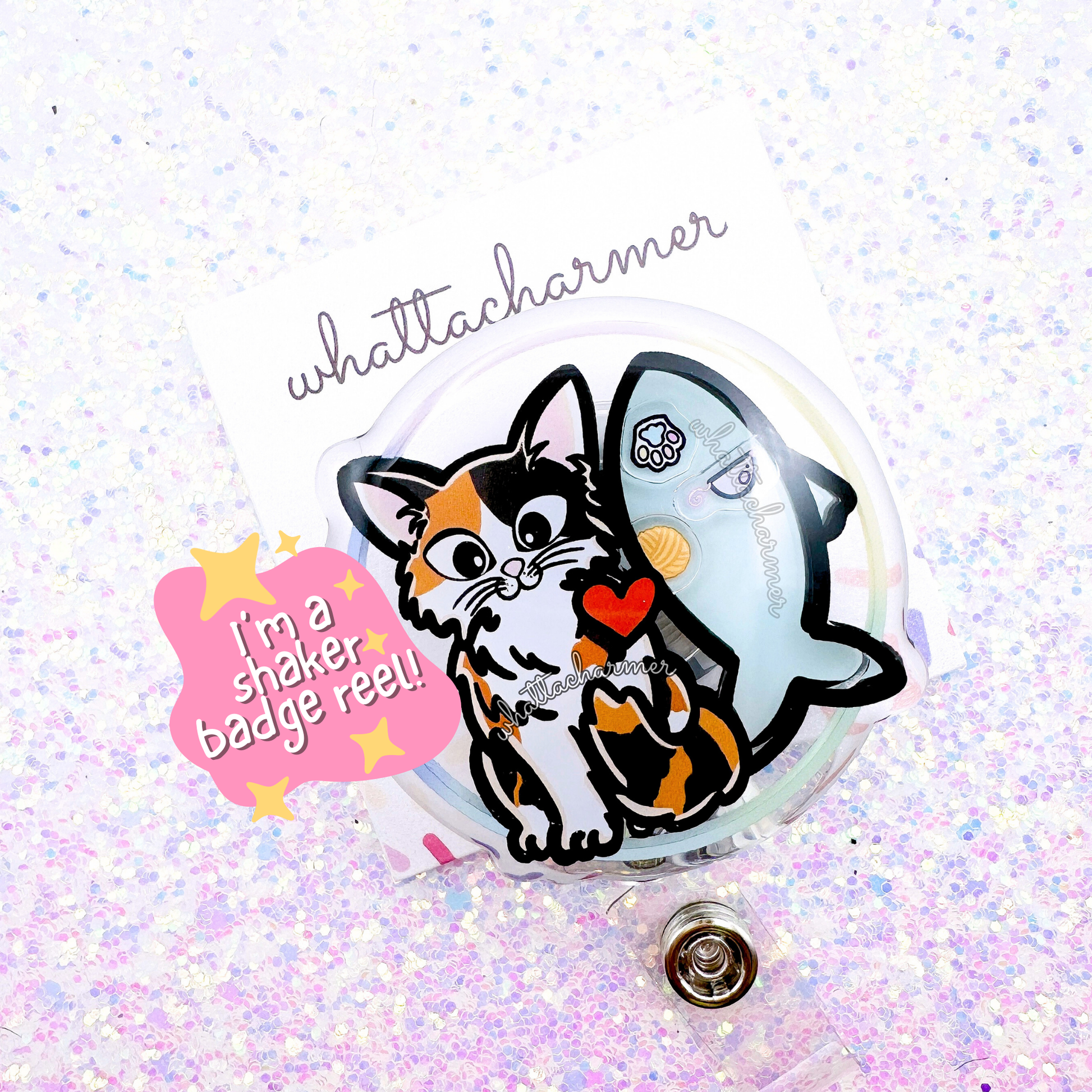 Longhaired Calico Cat Shaker Badge Reel
