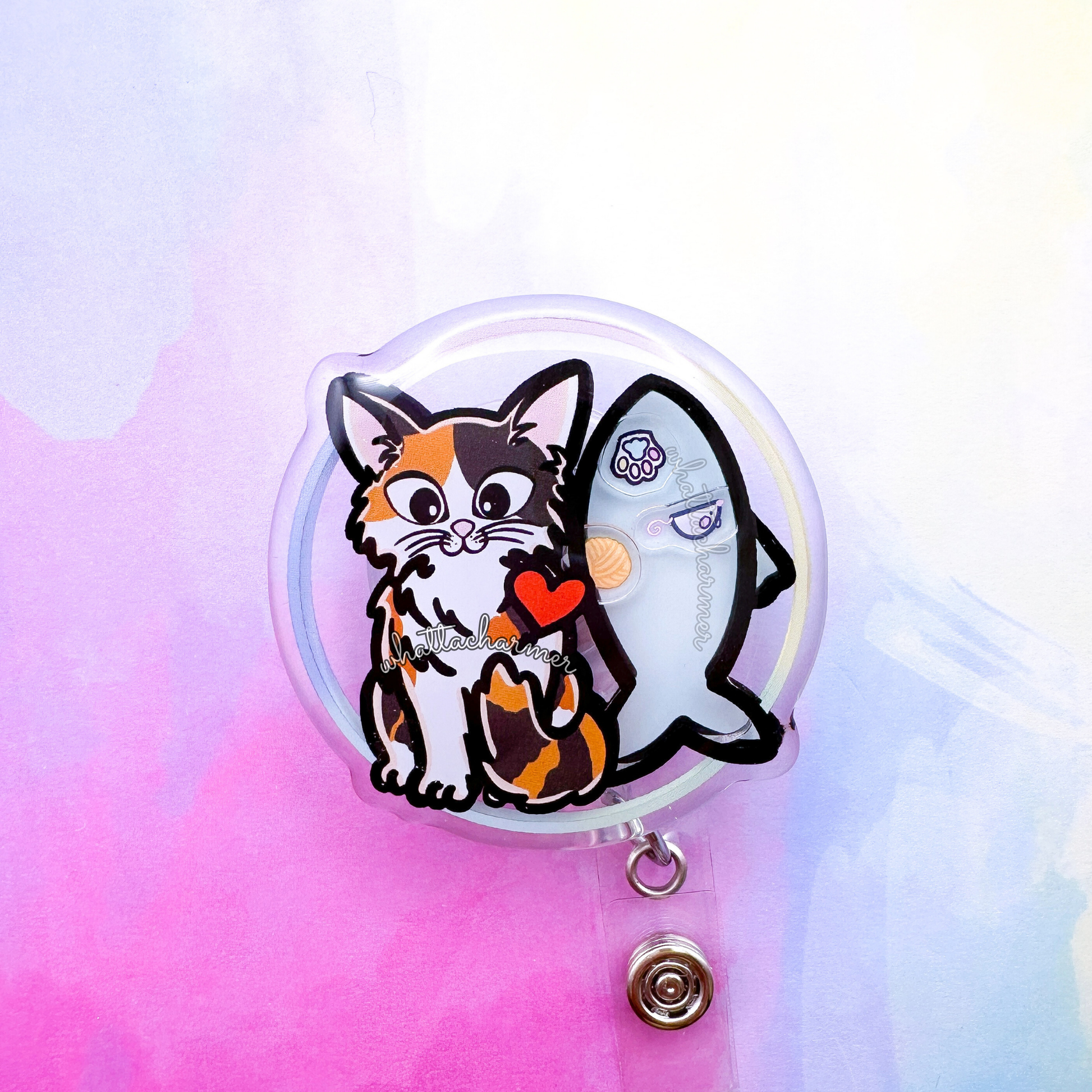 Longhaired Calico Cat Shaker Badge Reel