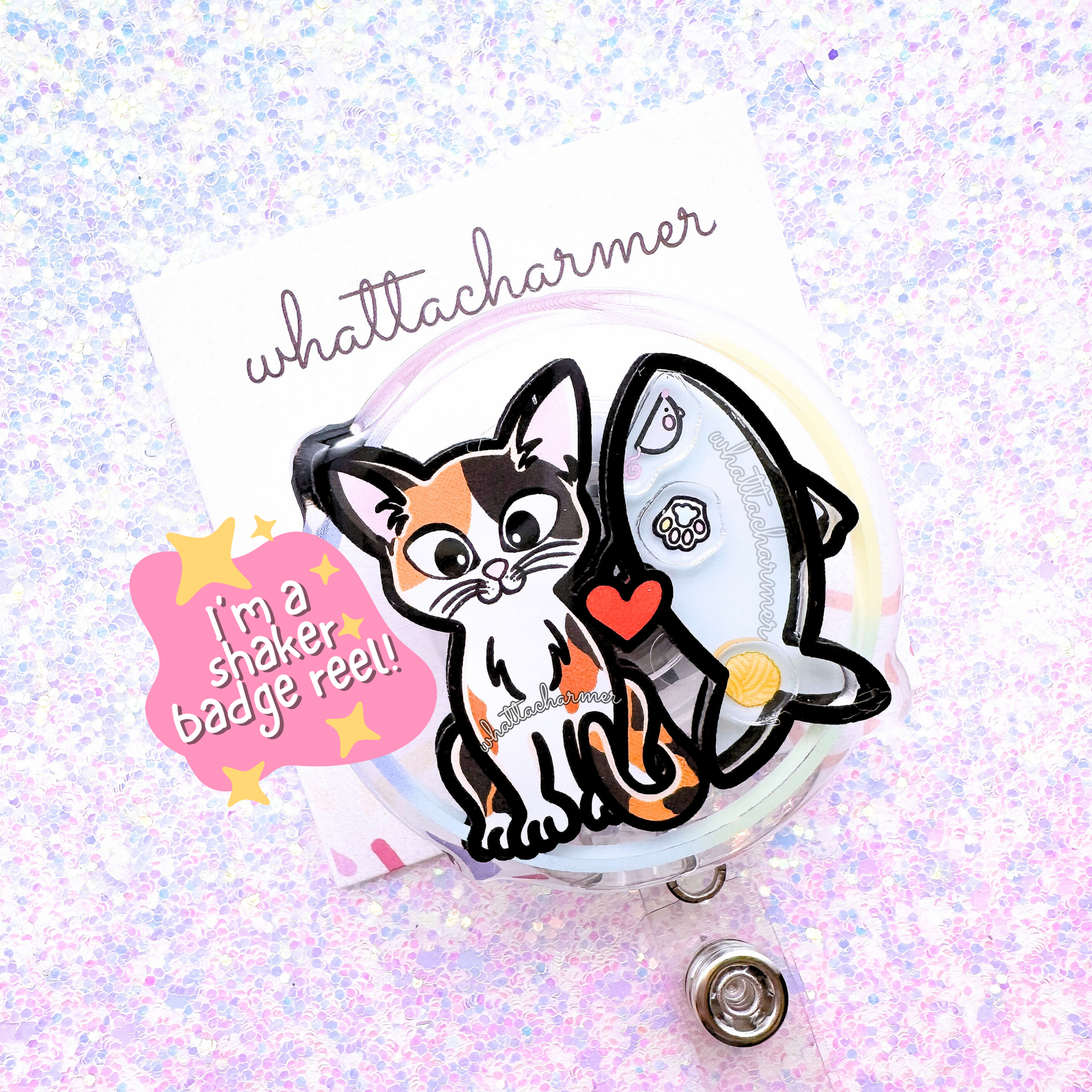 Shorthaired Calico Cat Shaker Badge Reel