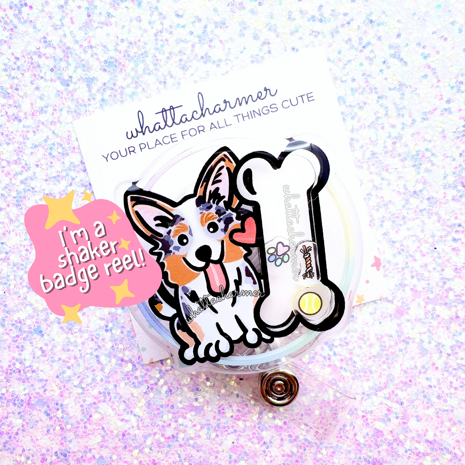 Blue Merle and Tan Cardigan Welsh Corgi Shaker Badge Reel