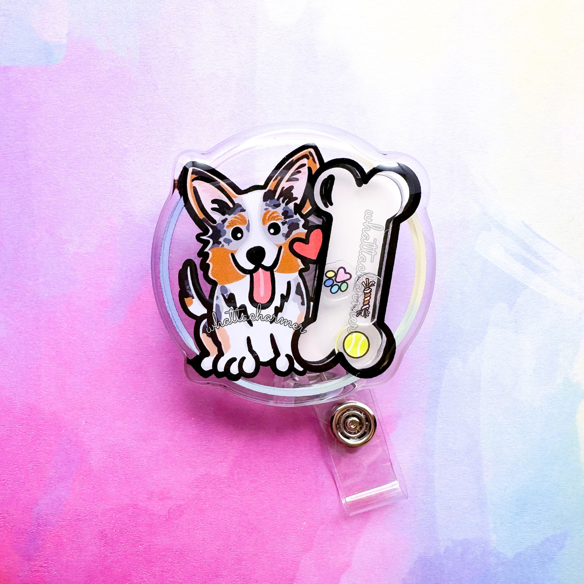 Blue Merle and Tan Cardigan Welsh Corgi Shaker Badge Reel