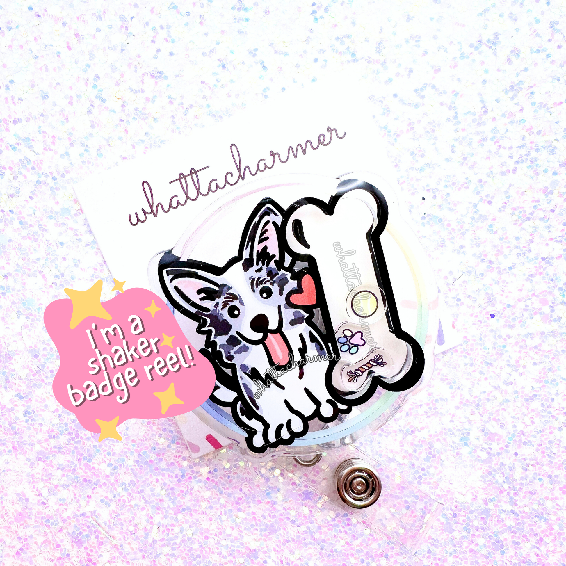 Blue Merle Cardigan Welsh Corgi Shaker Badge Reel