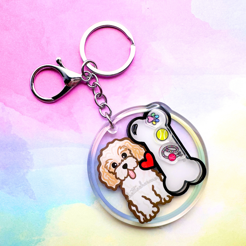 Cream and White Cavapoo Keychain
