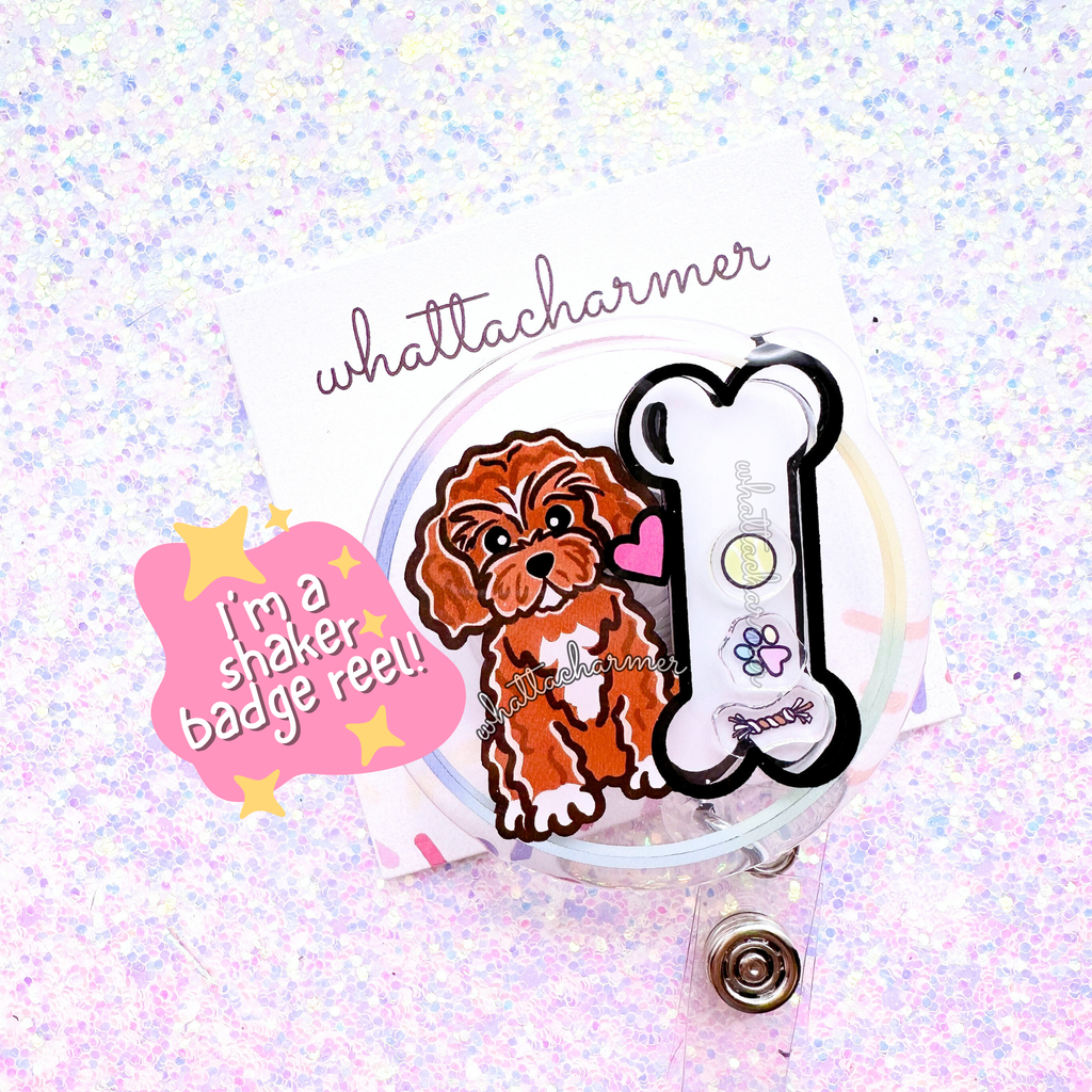 Red Cavapoo Shaker Badge Reel