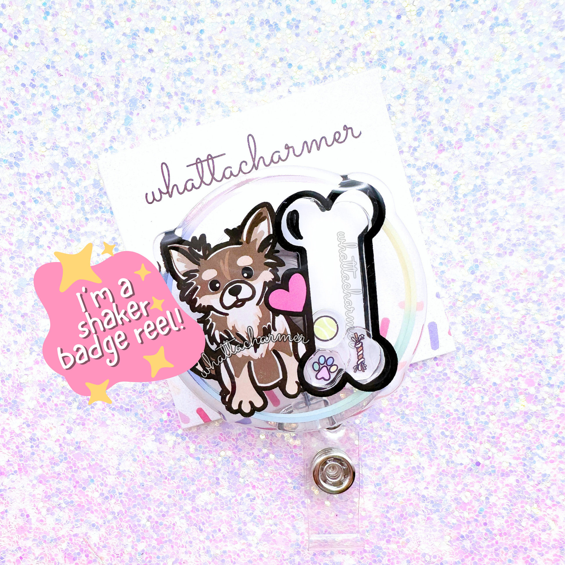 Longhaired Chocolate and Tan Chihuahua Shaker Badge Reel