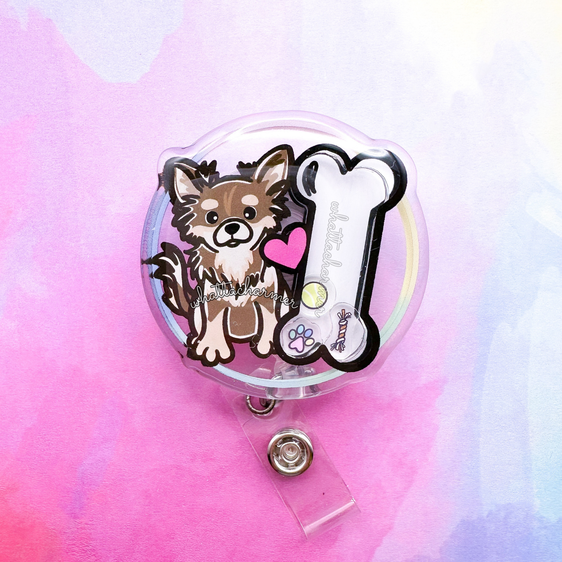 Longhaired Chocolate and Tan Chihuahua Shaker Badge Reel