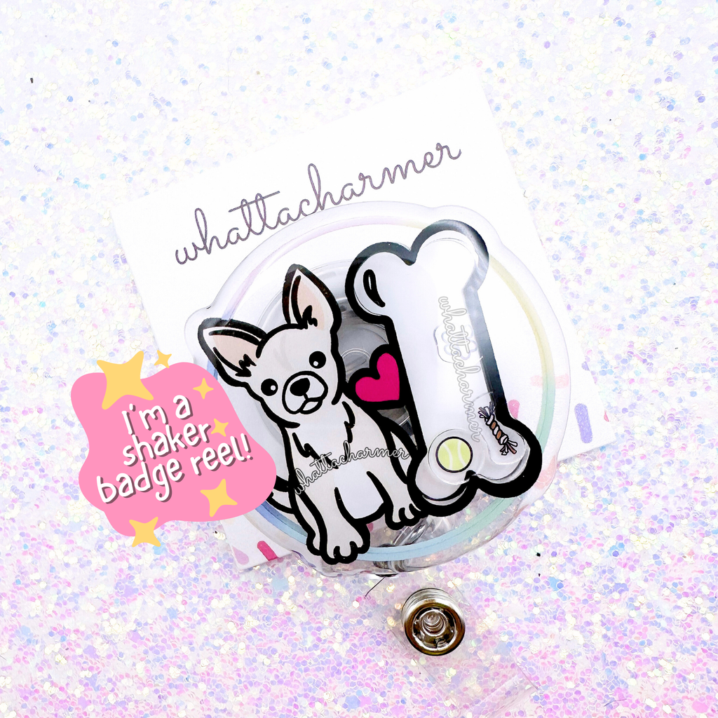 Shorthaired White Chihuahua Shaker Badge Reel