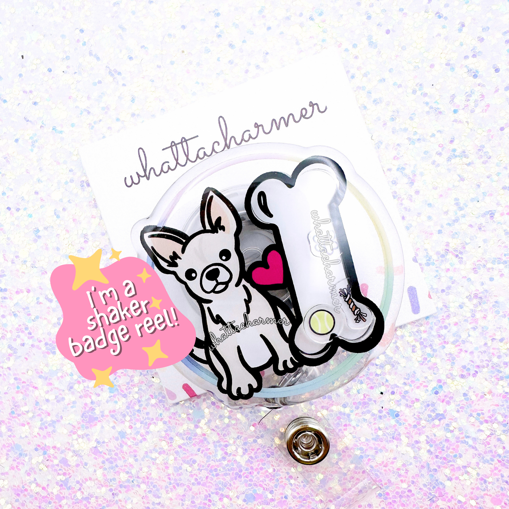 Shorthaired White Chihuahua Shaker Badge Reel