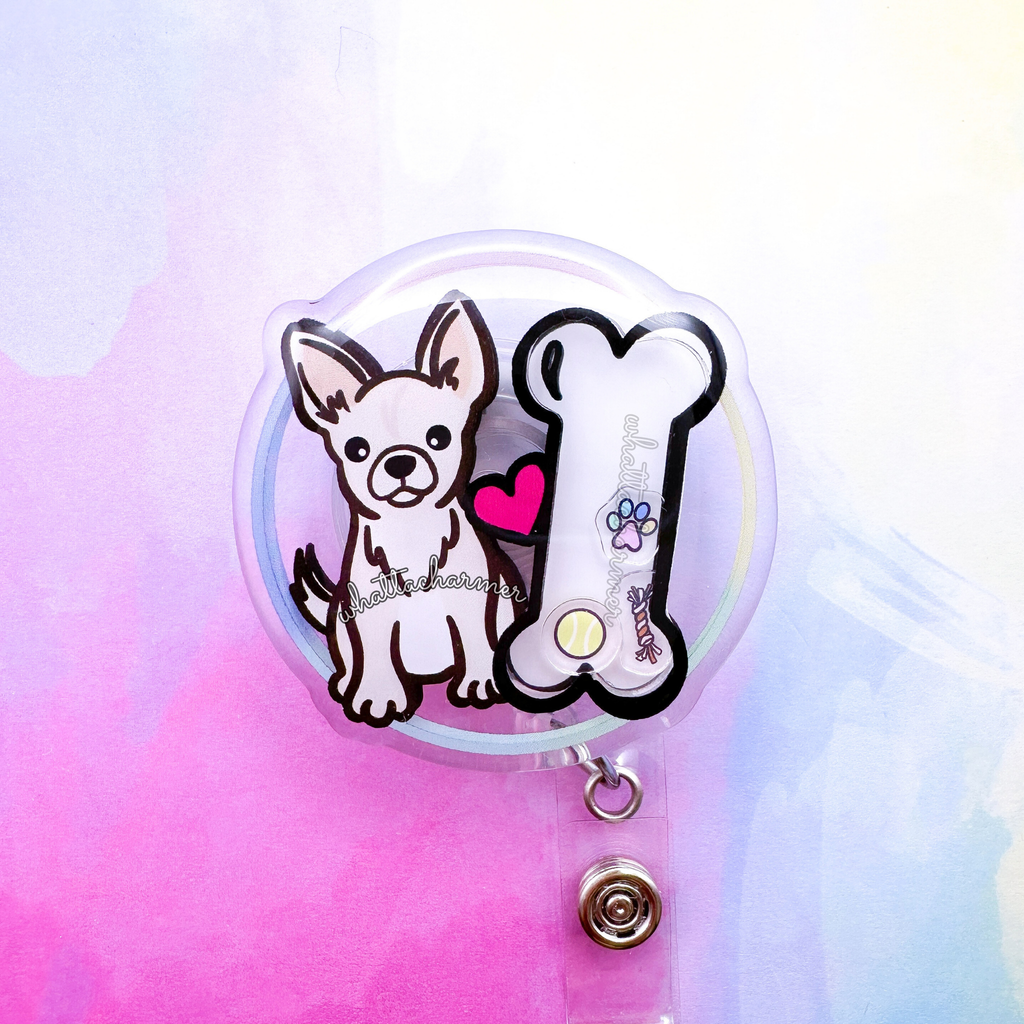 Shorthaired White Chihuahua Shaker Badge Reel