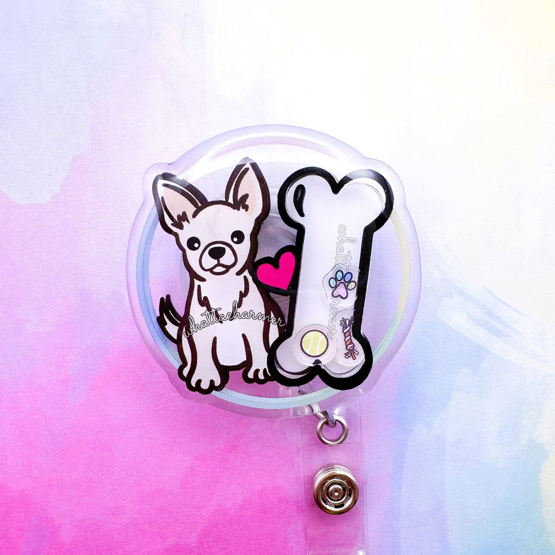 Shorthaired White Chihuahua Shaker Badge Reel